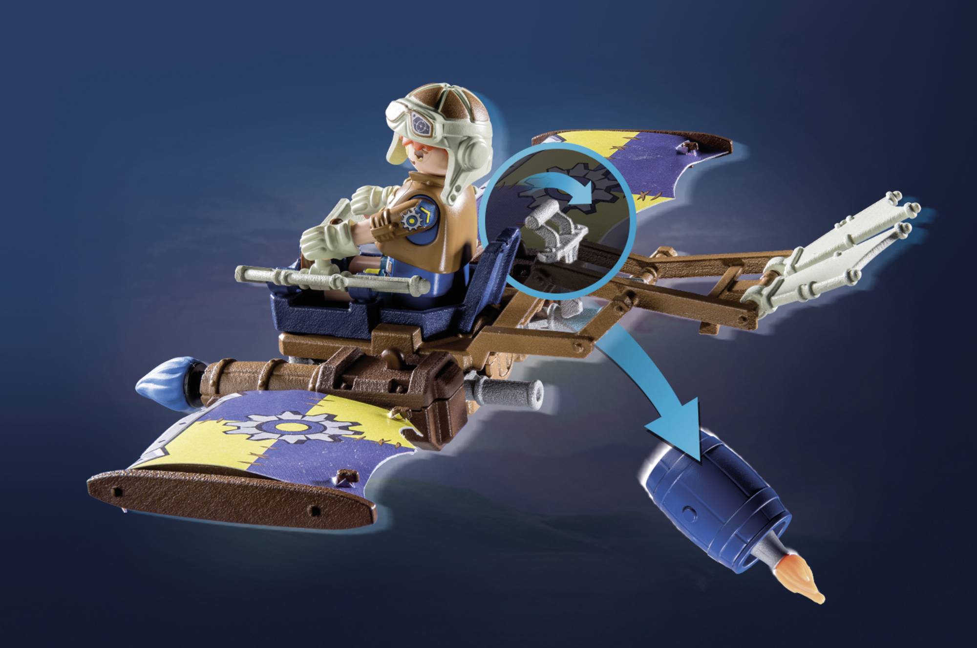 A toy aeroplane pilot with a blue and yellow wing and mechanical details points to a removable, cylindrical object.