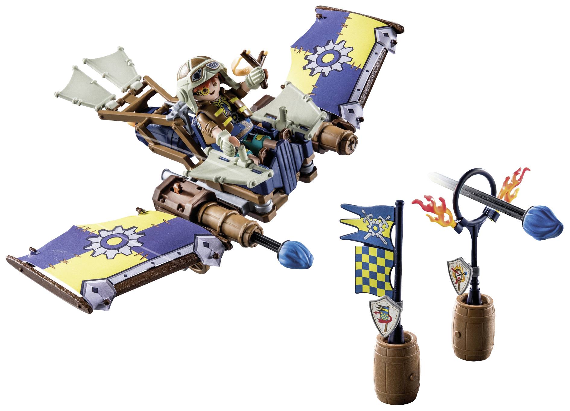 Toy aeroplane with blue and yellow wings, piloted by a figure wearing flying goggles. Two barrels with flags and flames beside it.