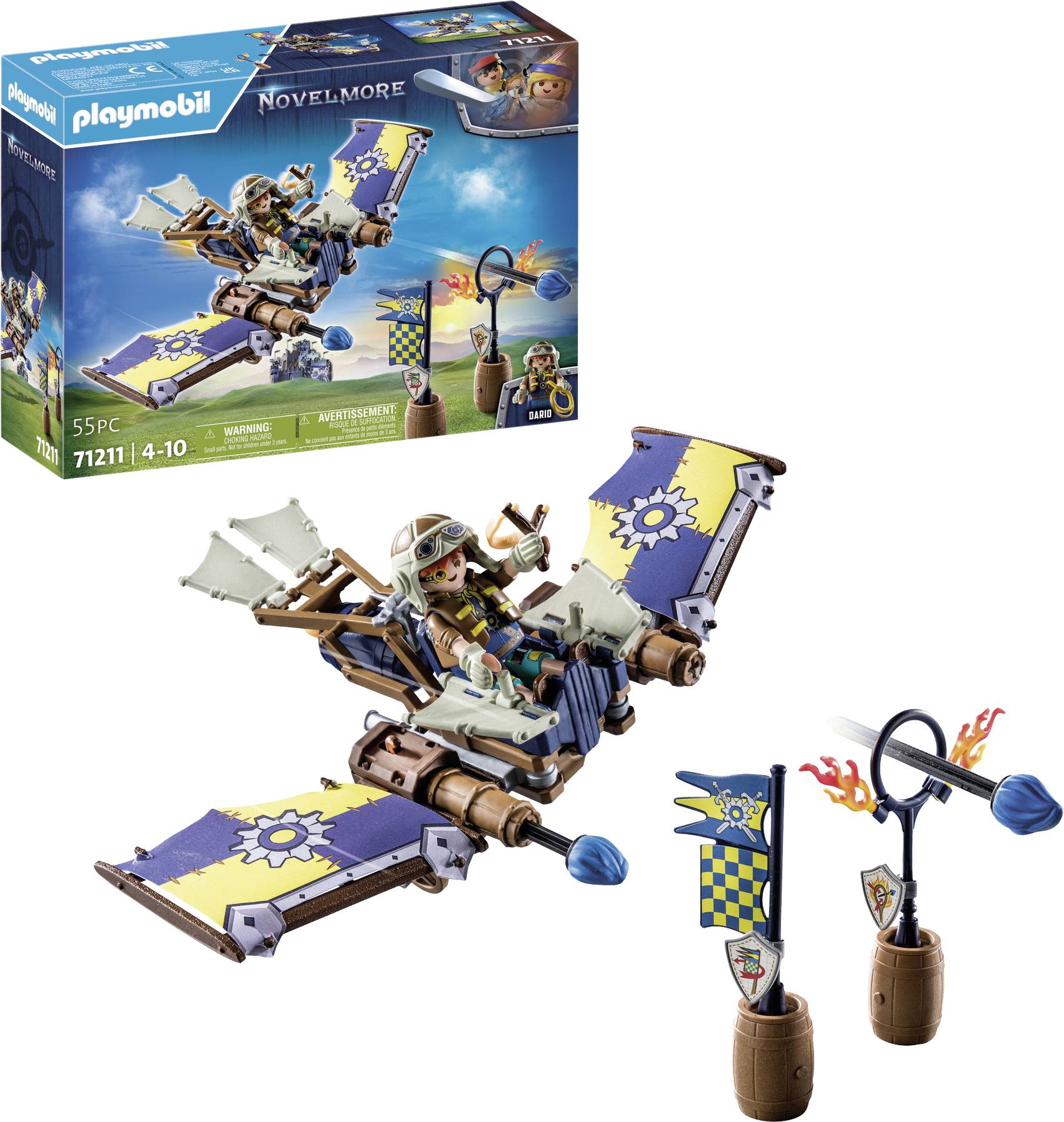 Playmobil Set 'Novelmore': Child operating a colourful flying device with wings and flags, with packaging in the background showing the design.