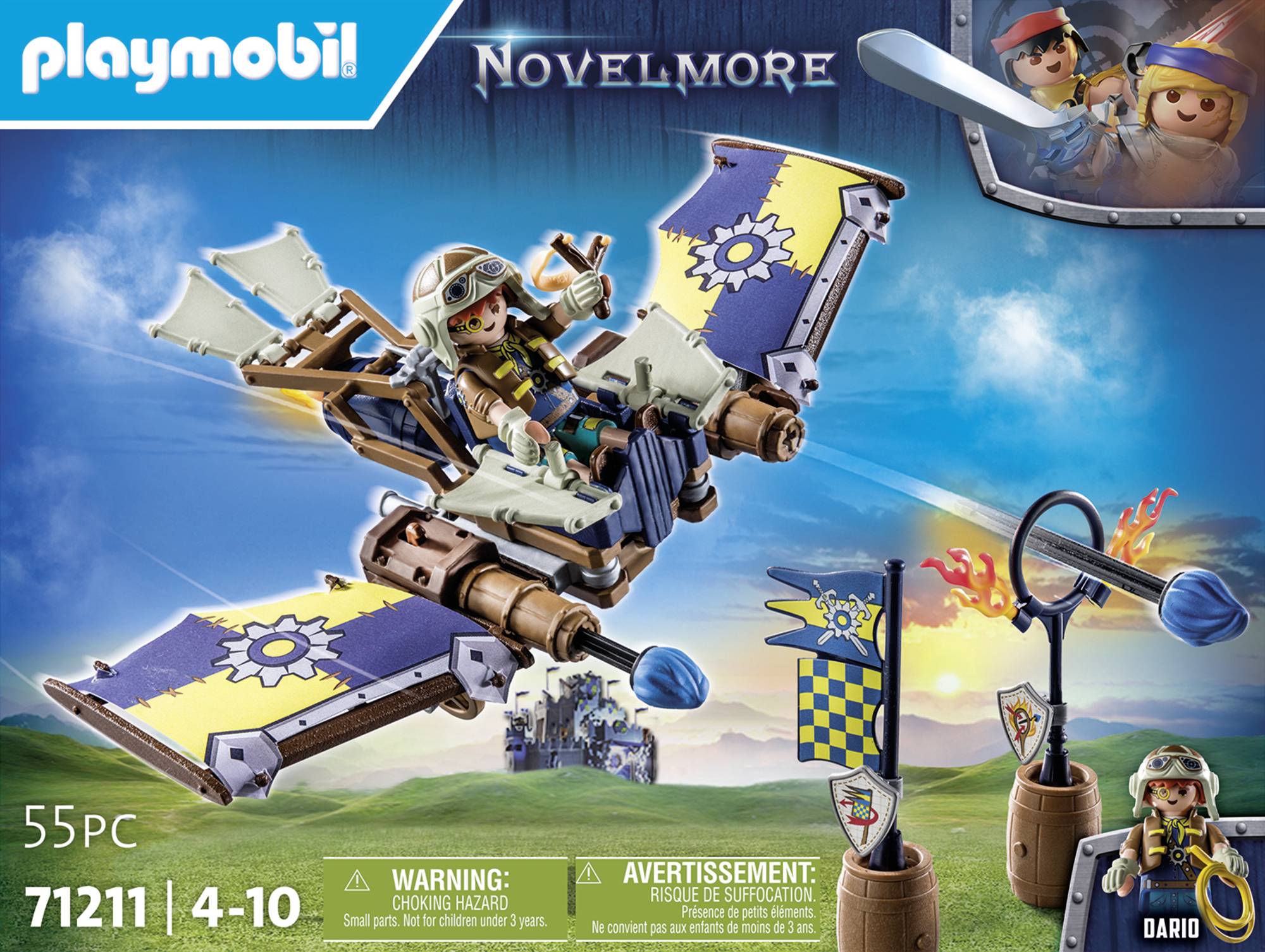 'Playmobil Novelmore 71211 Set' shows a figure in a flying glider with a cannon. Includes target markers and accessories, suitable for children aged 4-10 years.