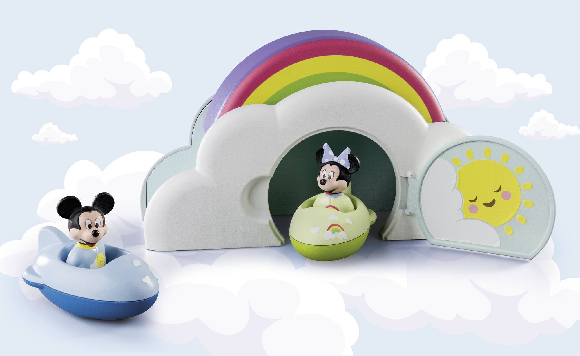 Mickey and Minnie on cloud vehicles in front of a colourful rainbow and a cloud with a sleeping sun in the background.