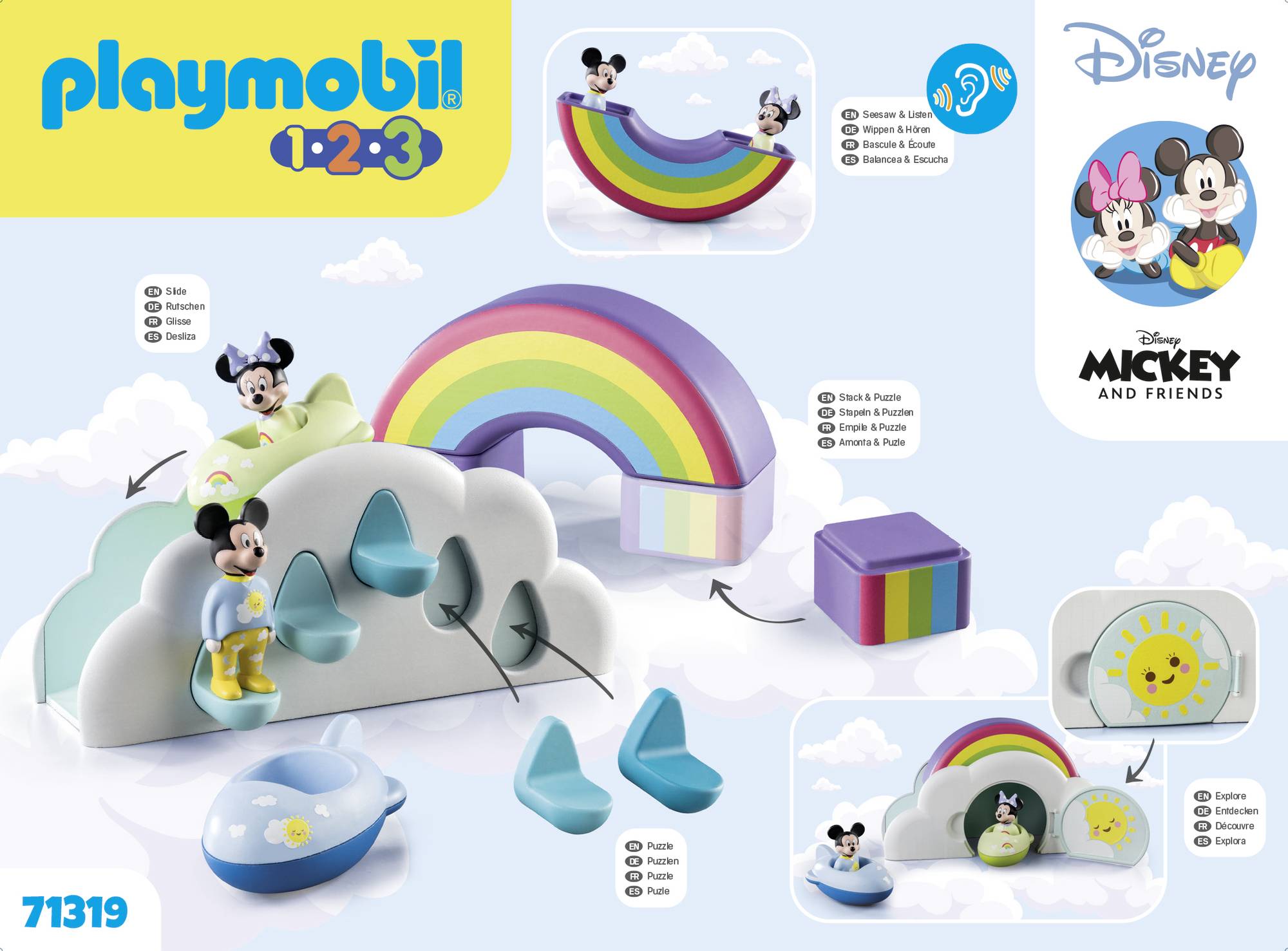 'Playmobil 1.2.3 Set 71319' depicts a play world with a rainbow, clouds, and Disney characters. Includes Mickey and Minnie.