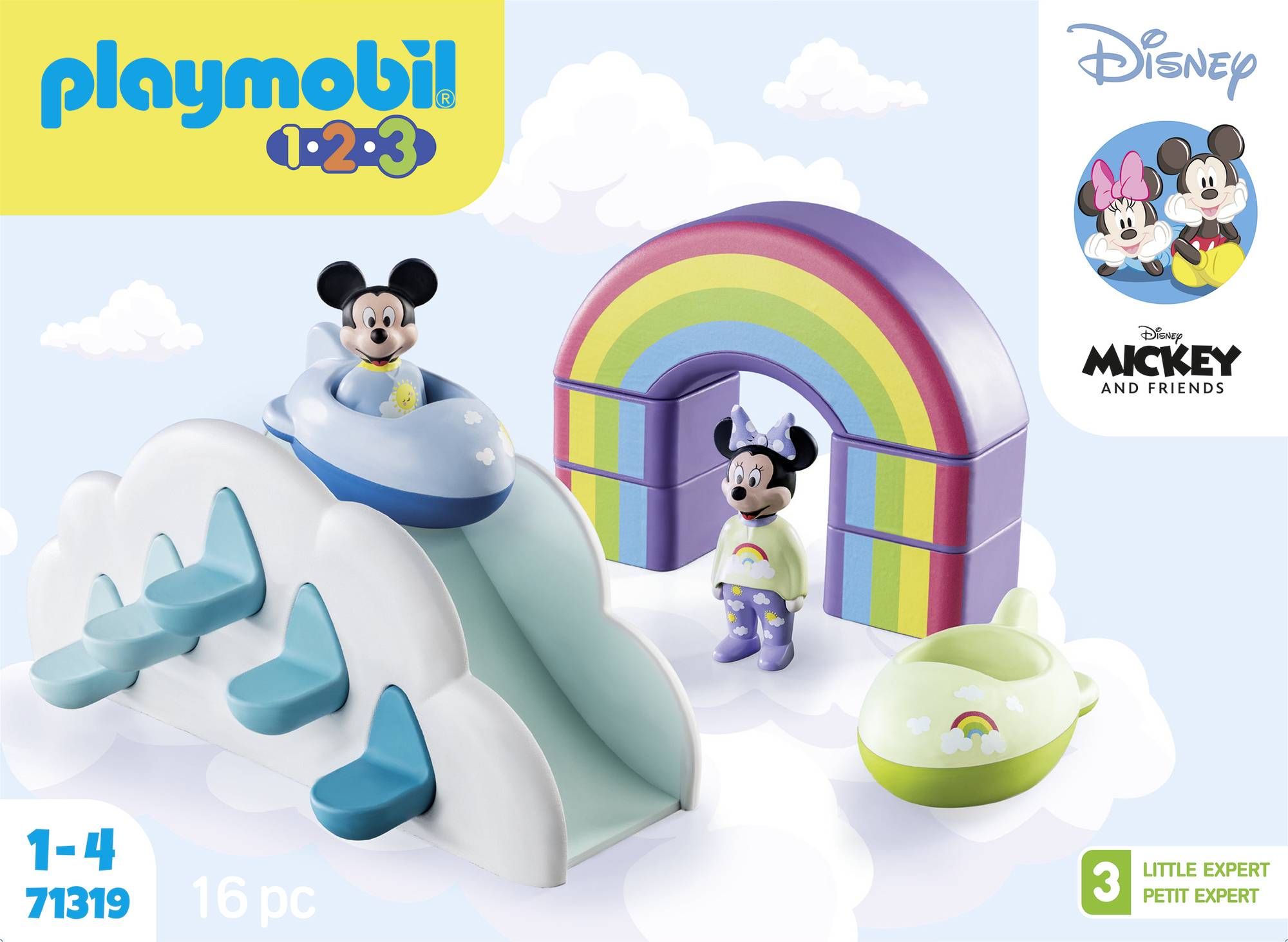 Children's Play Set: Disney Mickey and Minnie in Colourful Vehicles on a Cloud Slide with Rainbow. Suitable for 1-4 years.