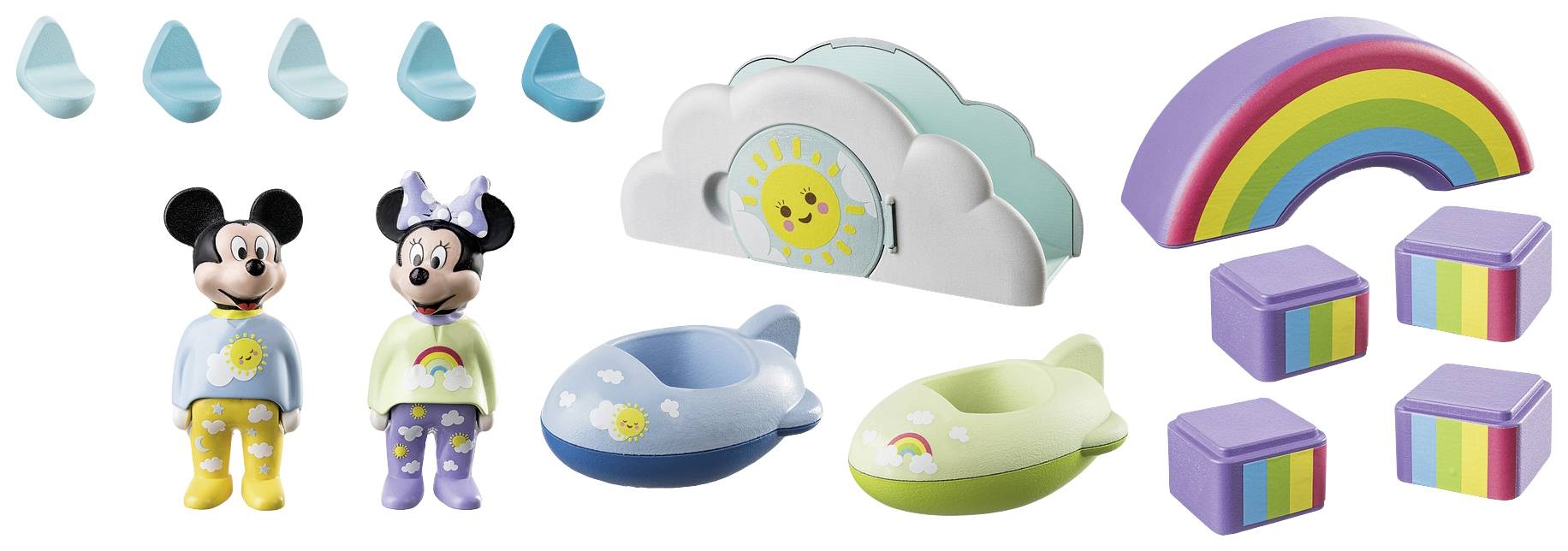 Toy set with two figures in colourful suits, cloud shelf, boats, rainbow, and colourful dice.