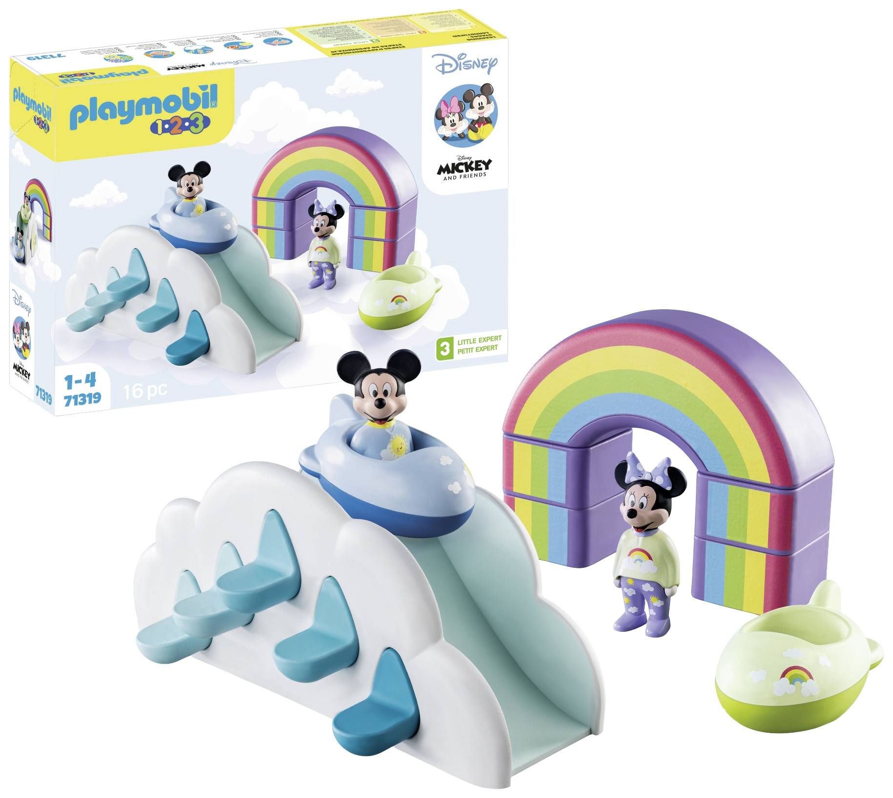 Playmobil set featuring Mickey and Minnie Mouse figures, a cloud slide, a rainbow, and a small aeroplane.
