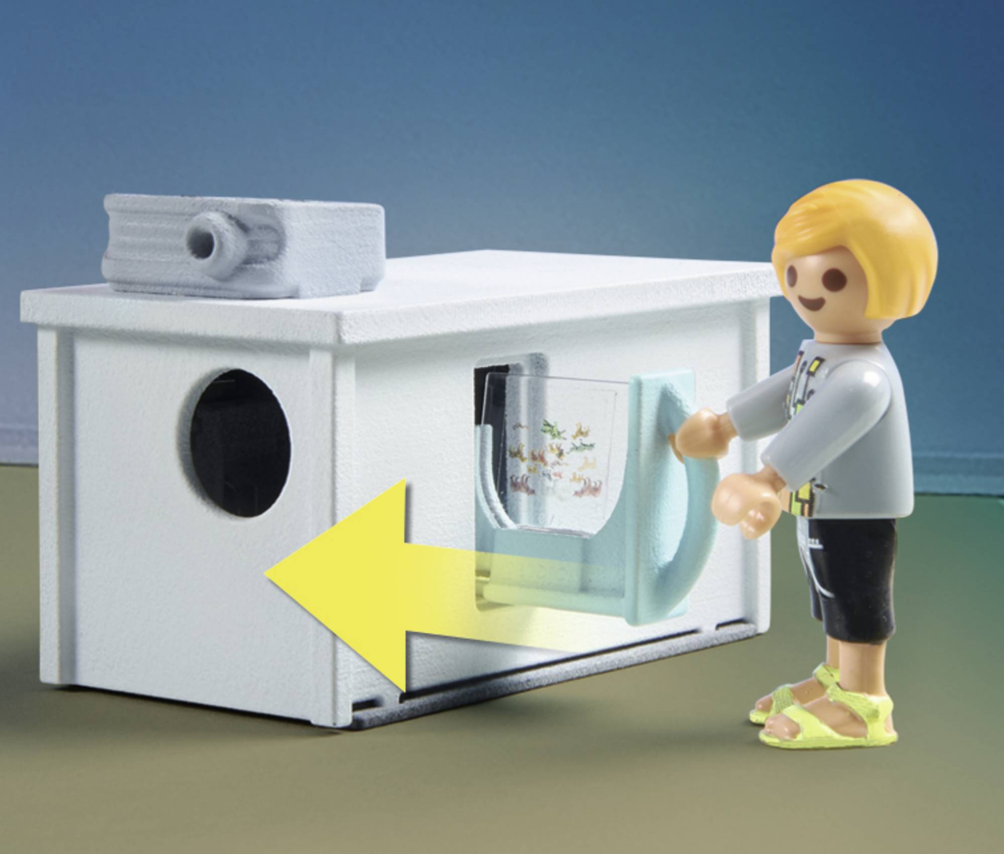 A toy figure opens a white letterbox. A yellow arrow graphic points to the open flap.