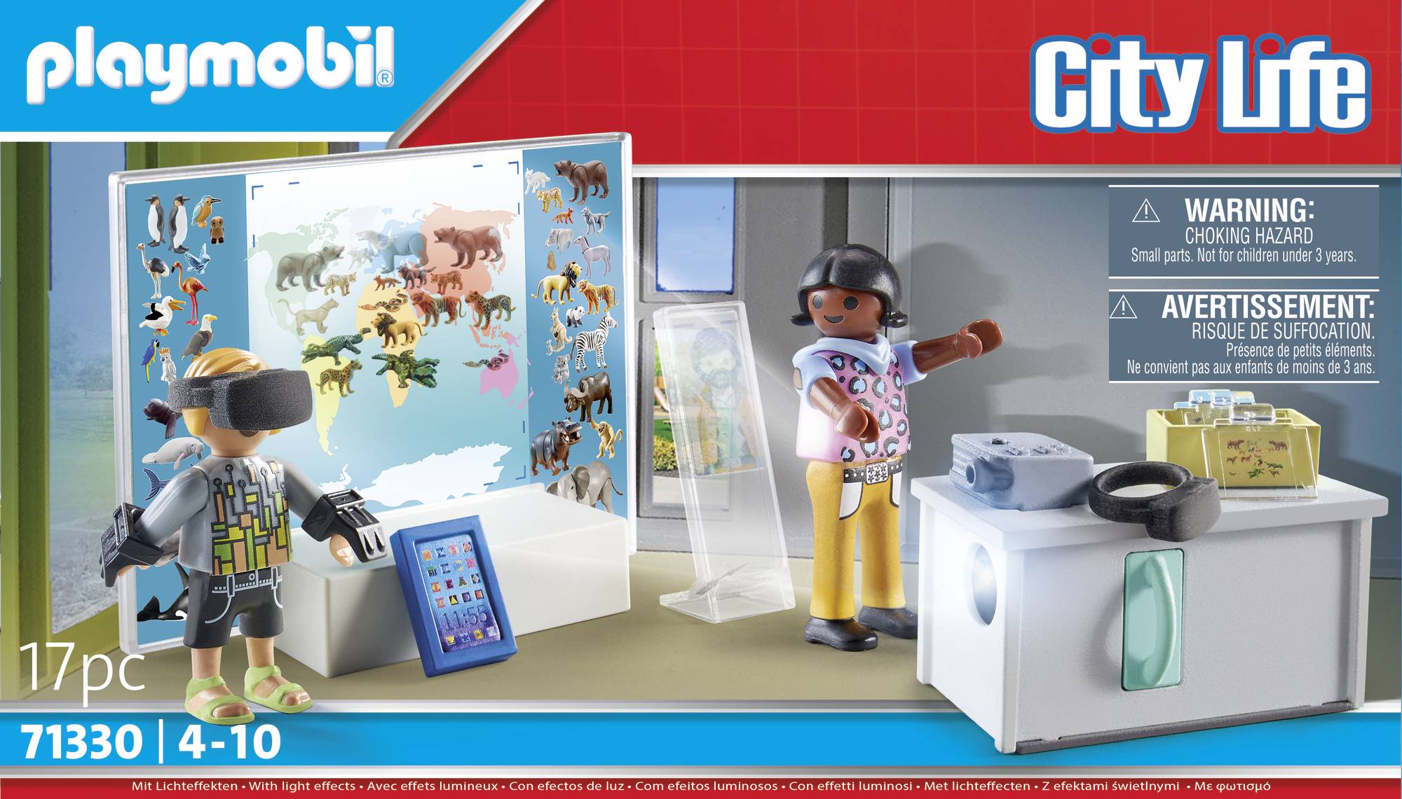 'Playmobil City Life Set' shows two figures in a playroom with animals on a tablet and whiteboard. Contains 17 pieces.