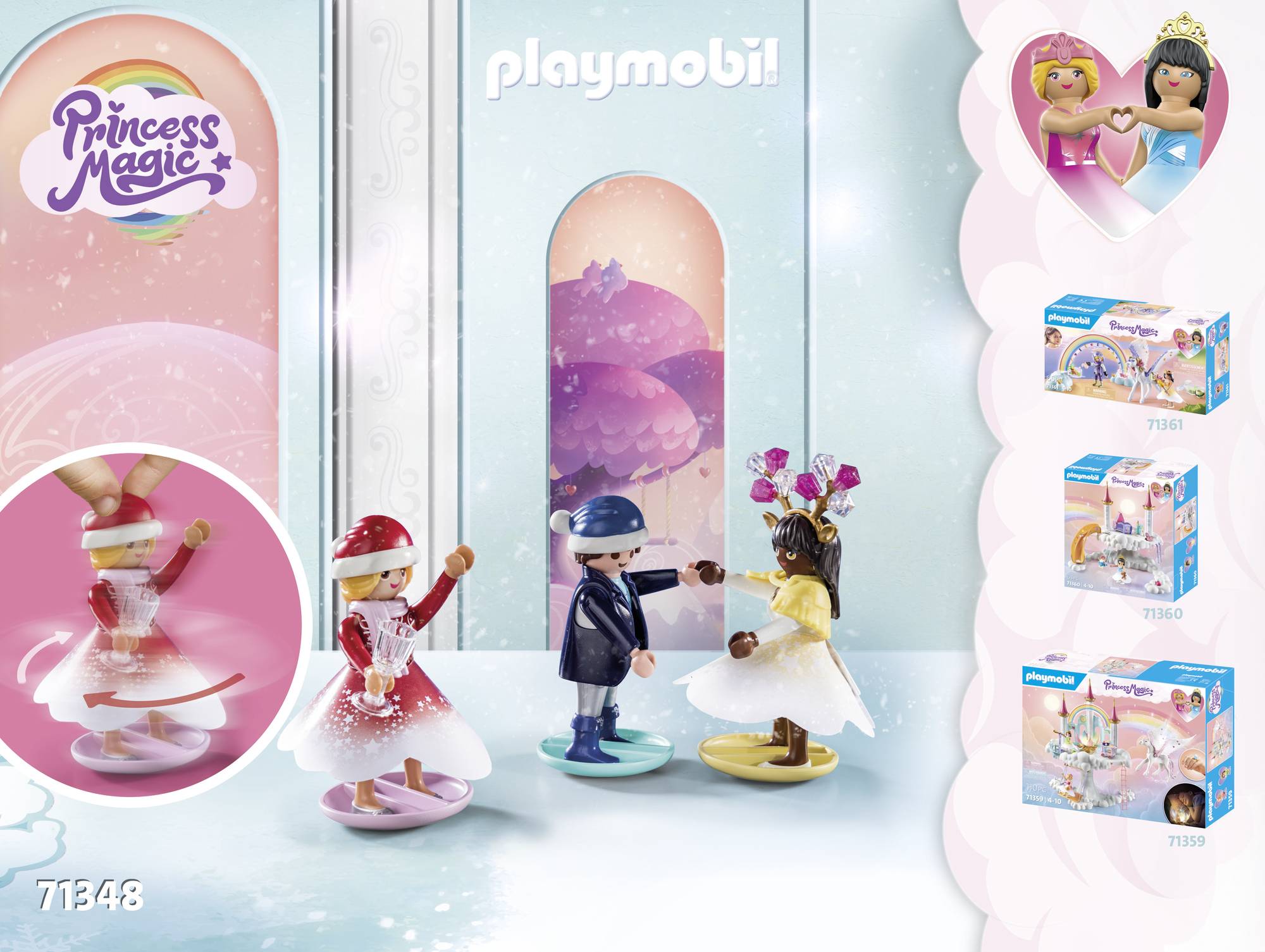 'Playmobil Princess Magic' packaging featuring three play figures with accessories, dancing on an ice surface. Play sets depict fairy-tale scenes.