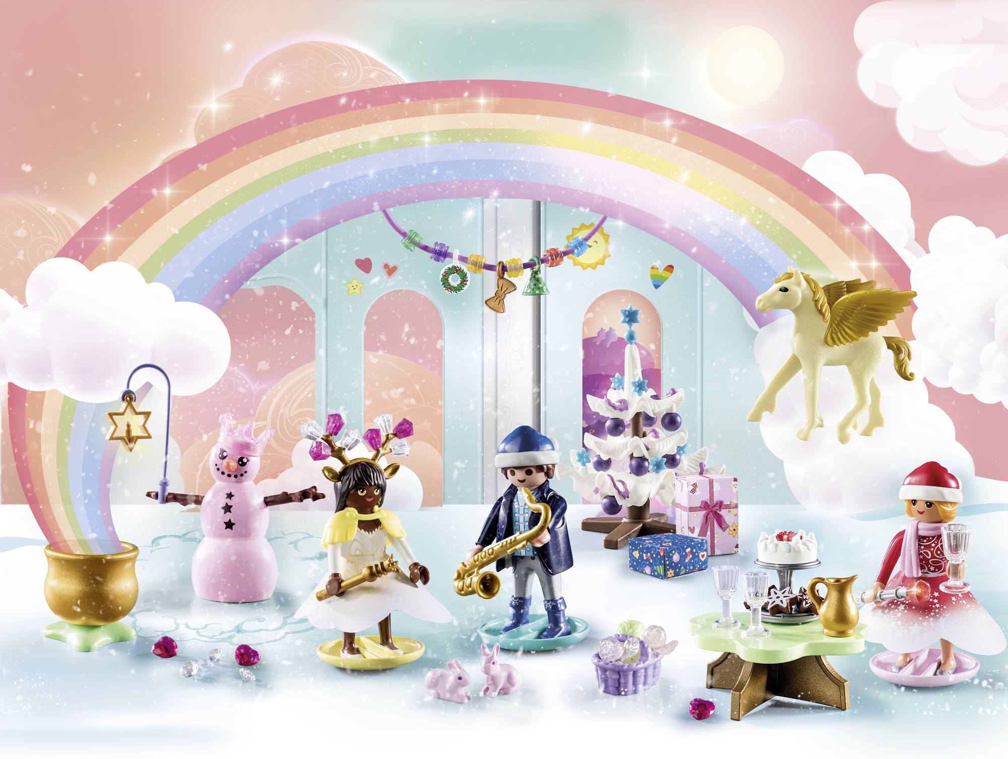 A whimsical scene with Playmobil figures, including a saxophonist, a snowman, a pegasus, and a rainbow in the background.