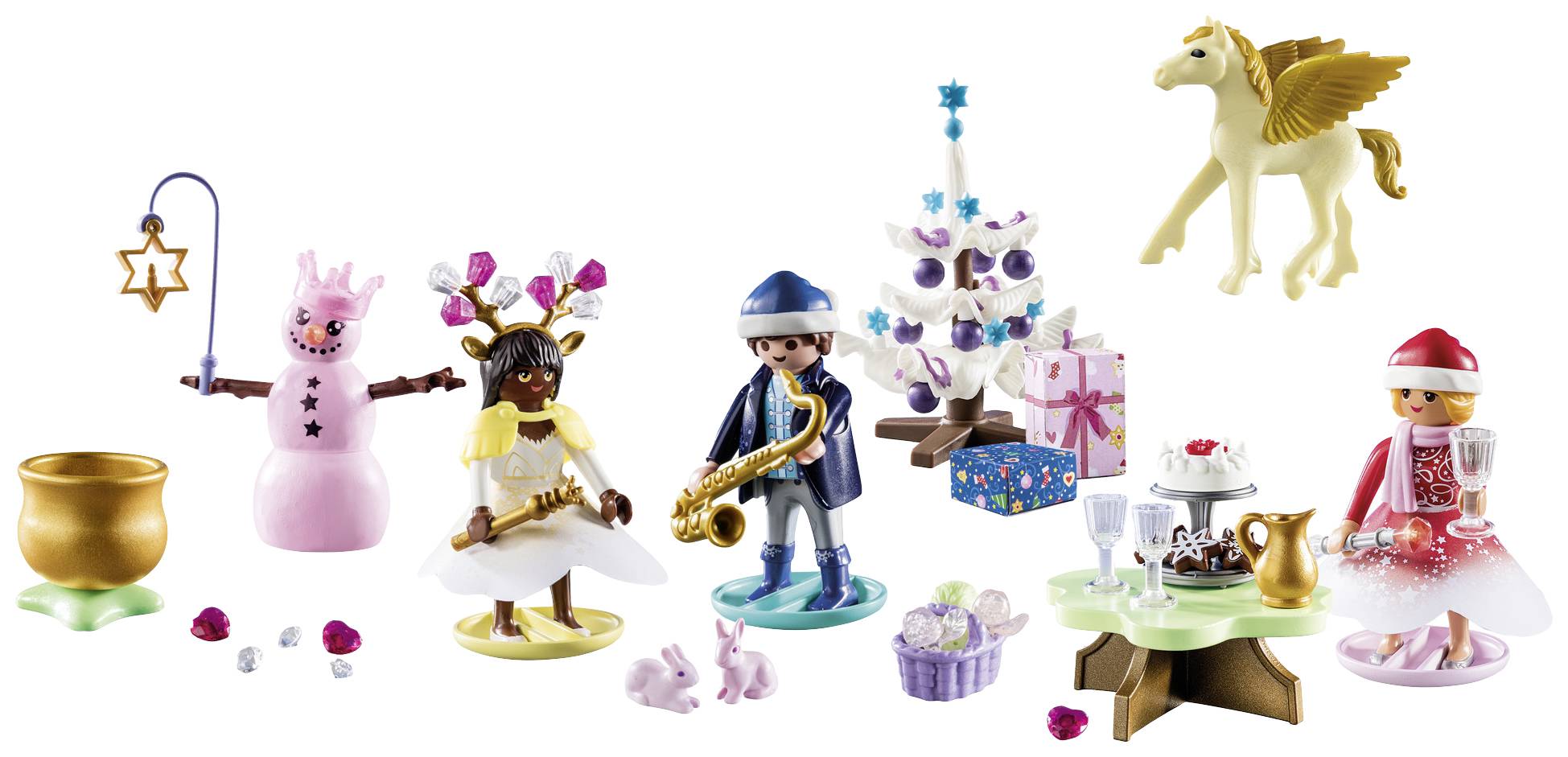 Toy figurines in a festive scene: A snowman, a harpist, a saxophonist, a Pegasus, gifts and a lavishly laid table.