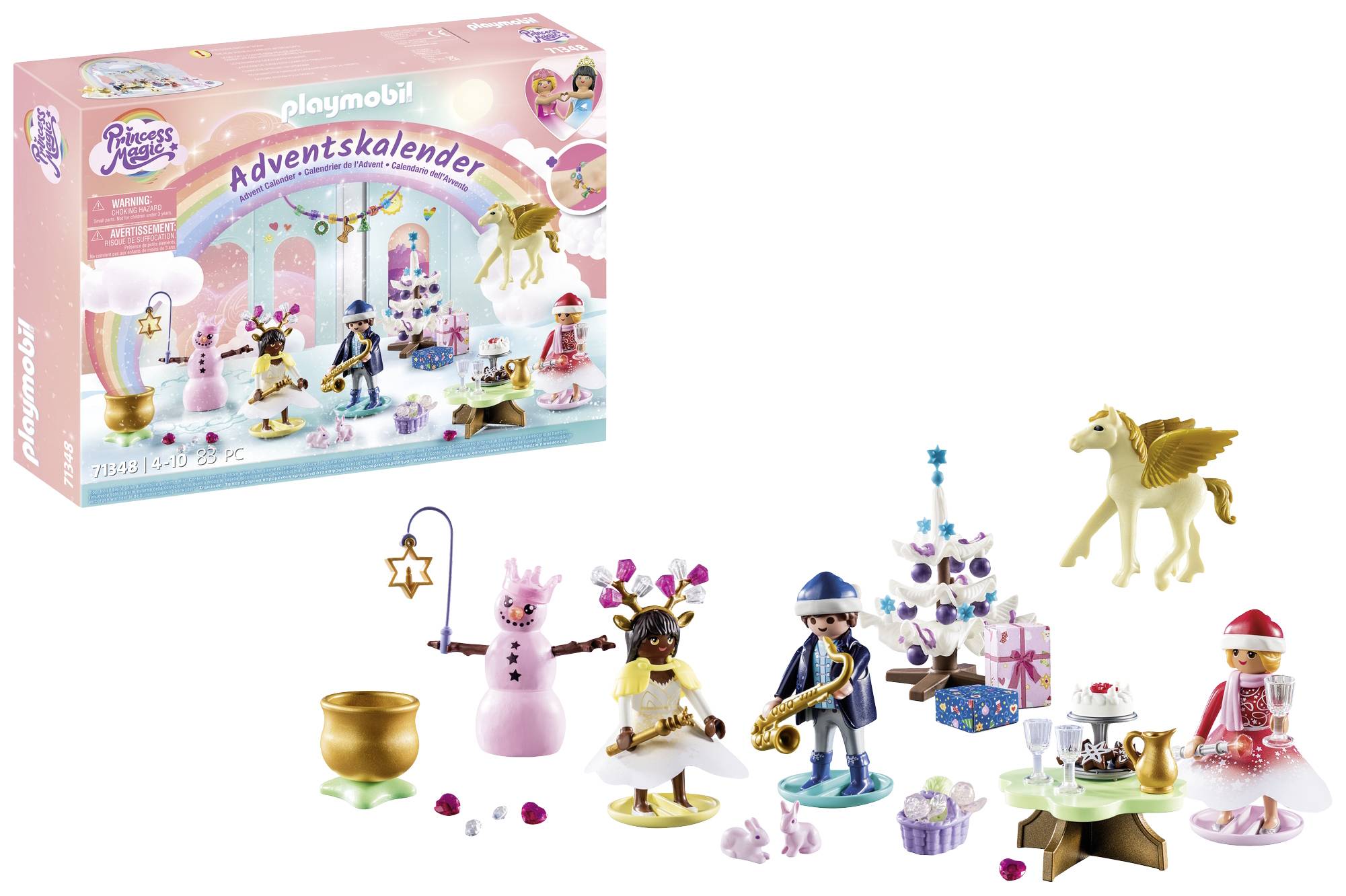 Playmobil Advent Calendar Set: Contains play figures, accessories including Pegasus, tree, gifts. Packaging shows pink fairy tale scene.