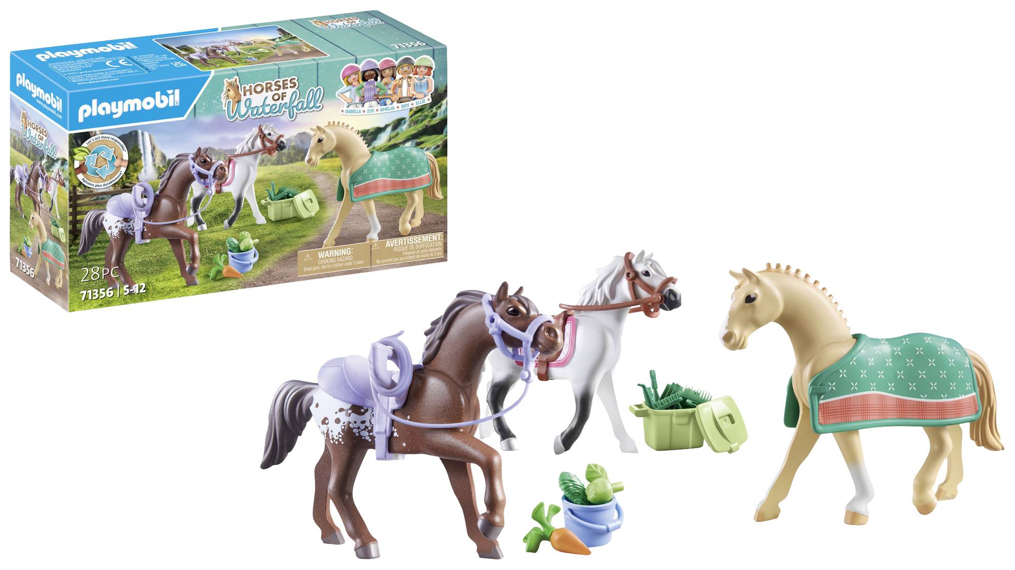 Three Playmobil horses with accessories such as feed bowls and blankets. In the background, the packaging with the motivational image 'Horses at a Waterfall'.