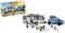 Playset featuring a campervan, SUV, family, and camping accessories. Packaging displays play scenes set on a campsite.