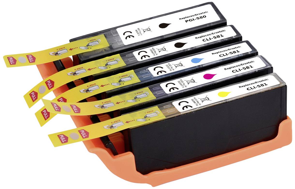 A row of five printer cartridges arranged in an orange holder, with various colour codings.