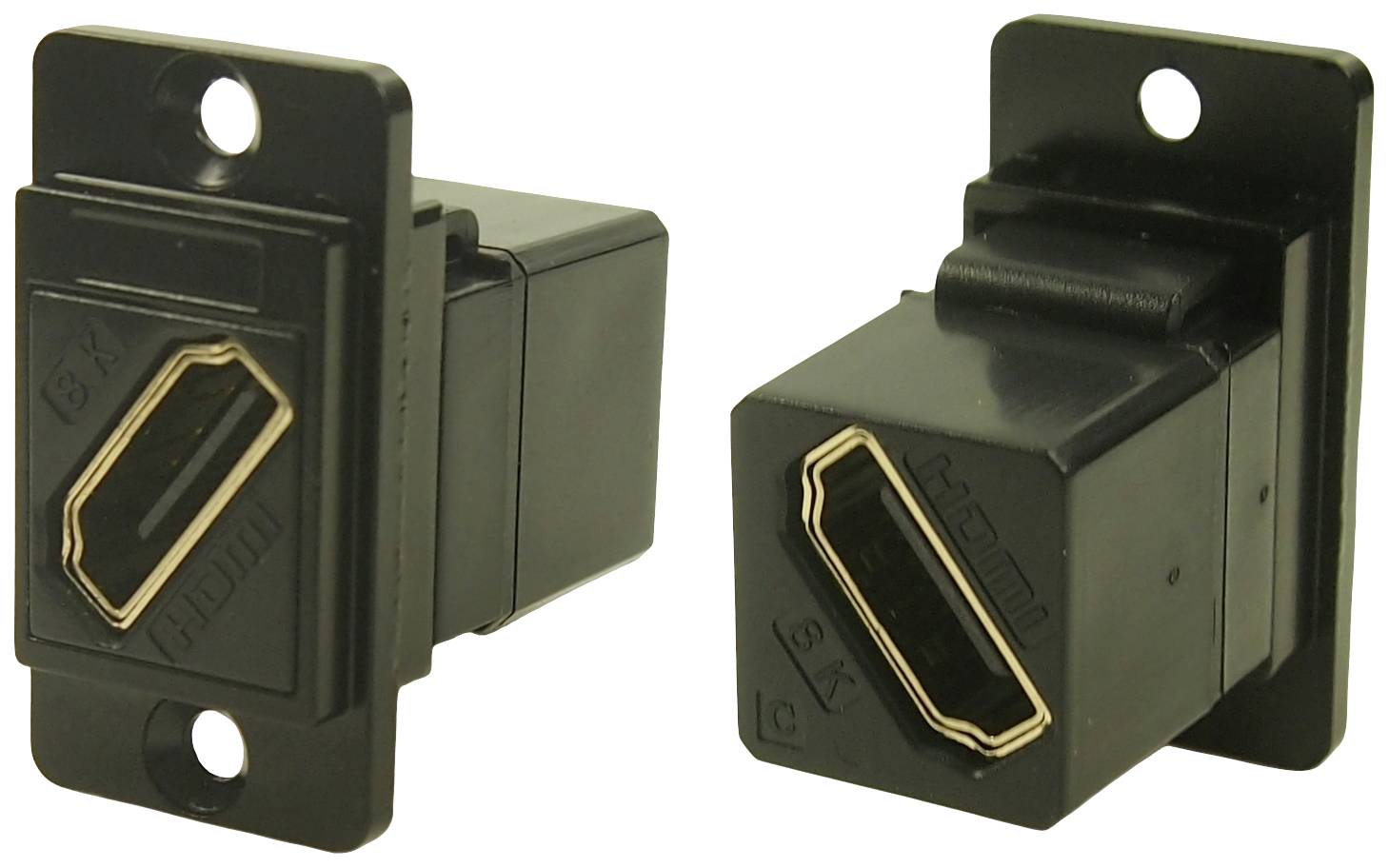 Two black HDMI sockets in a plastic housing, suitable for wall mounting. Both sockets have gold-plated contacts.