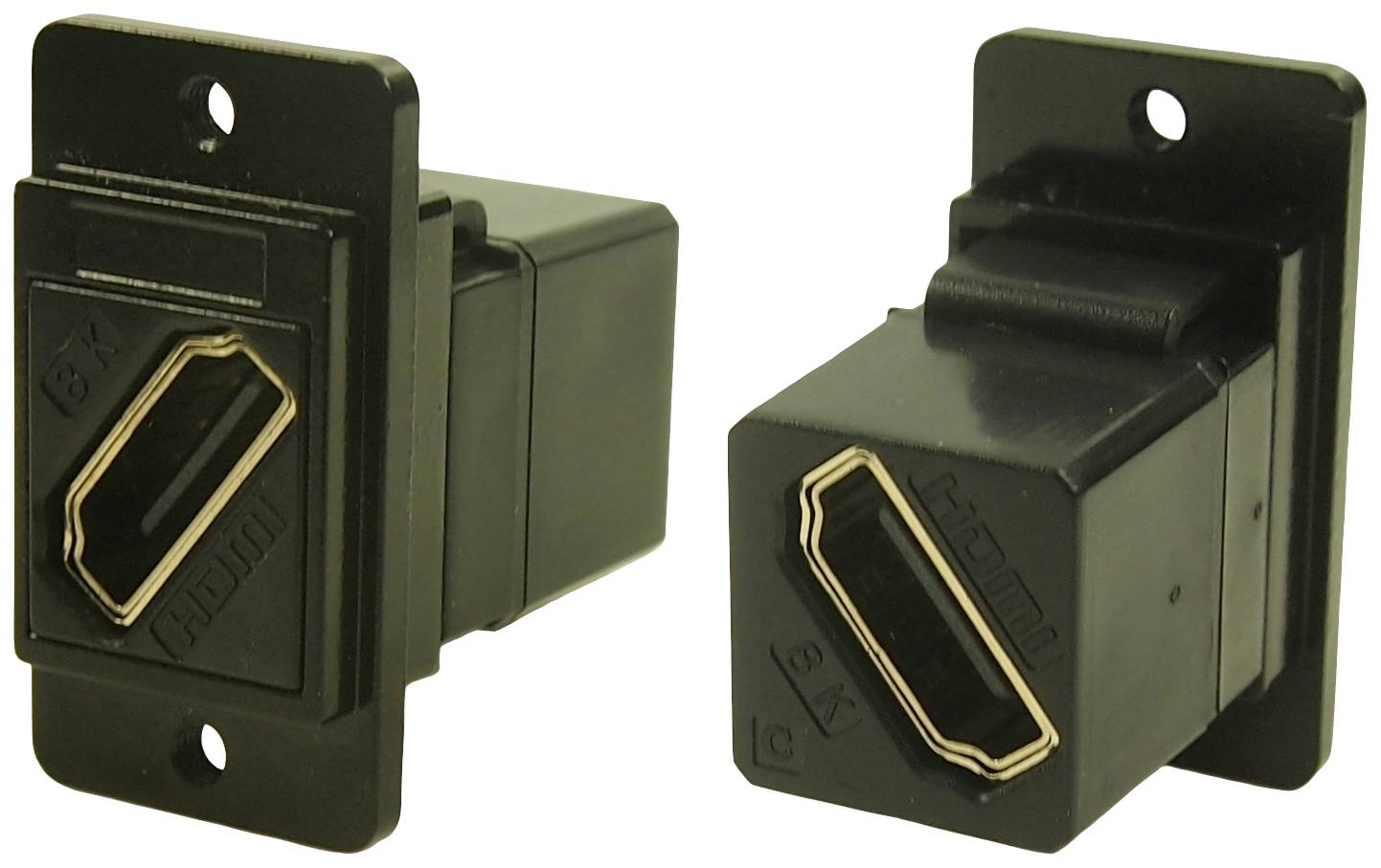 Two black HDMI wall socket modules shown side by side. They have gold HDMI ports at the front.