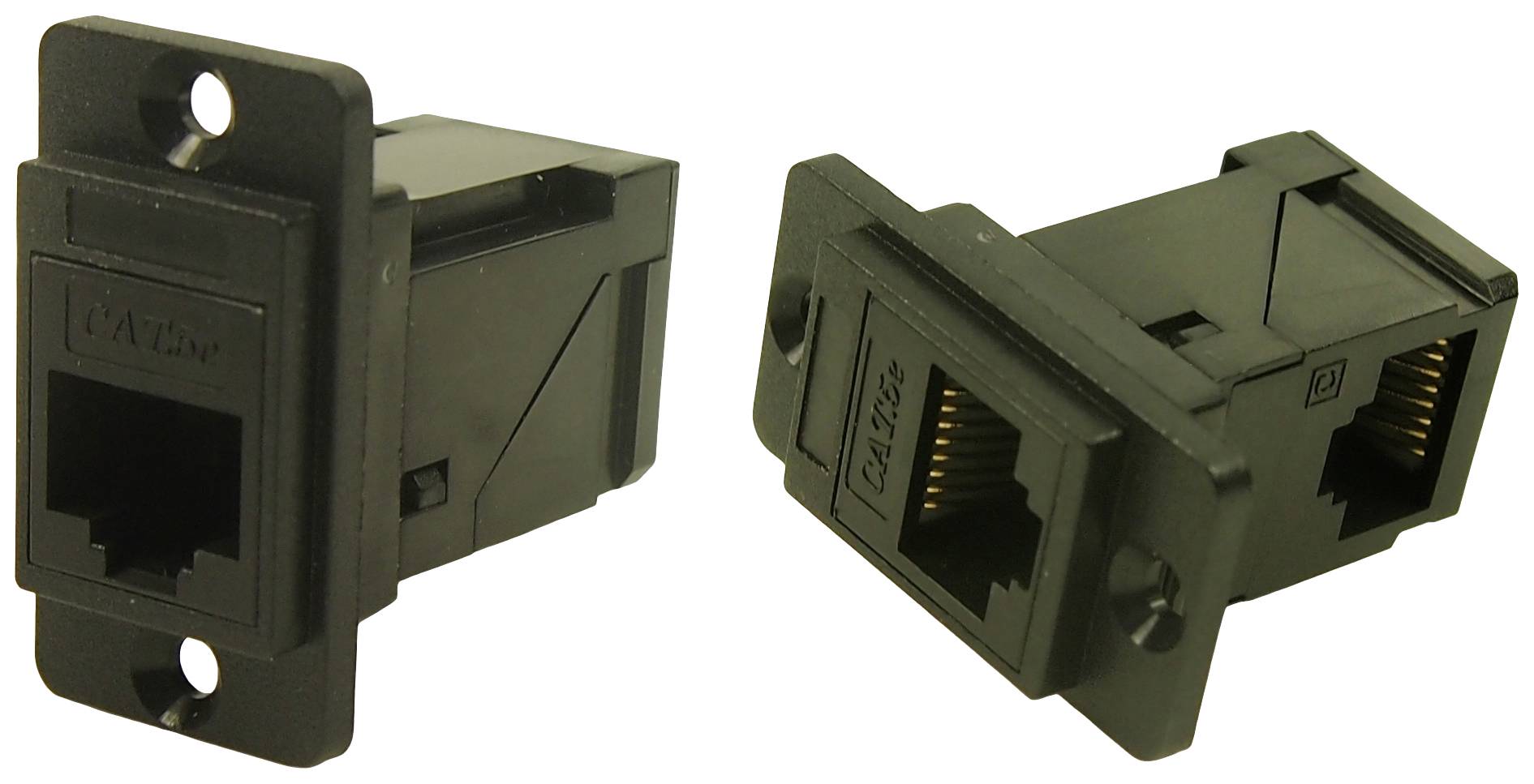 Two black rectangular network sockets with RJ45 ports, each with a front plate for mounting and marked with 'CAT.5e'.