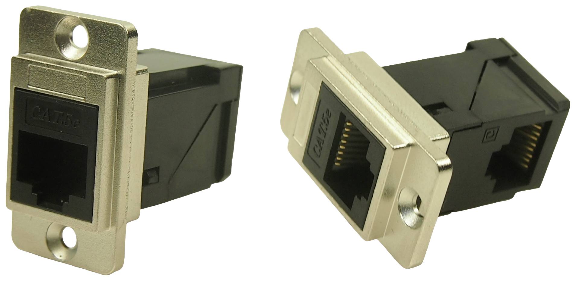 Two black Ethernet sockets with metal frames, shown from various angles. They are suitable for network connections.