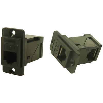Two black RJ45 sockets for network cable installation, one lying flat, the other standing upright, both with visible metal contacts.