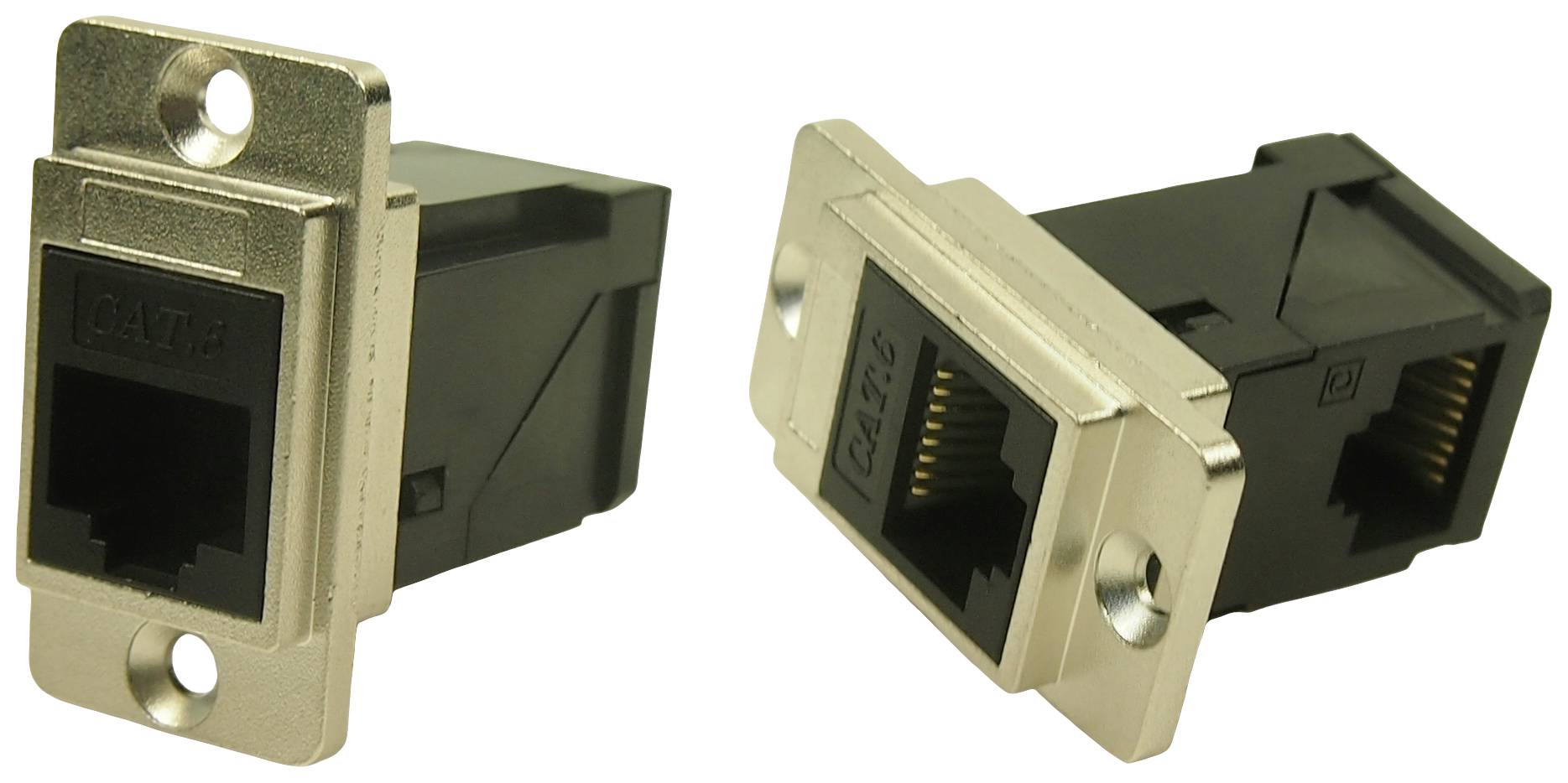 'Two RJ45 network sockets, one aligned to the left, the other to the right. Silver frame with black connection area.'