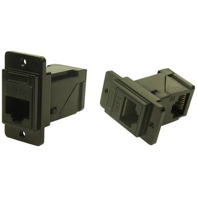 Two black CAT.6A network couplings side by side, suitable for Ethernet connections. Both showing their ports and mounting options.