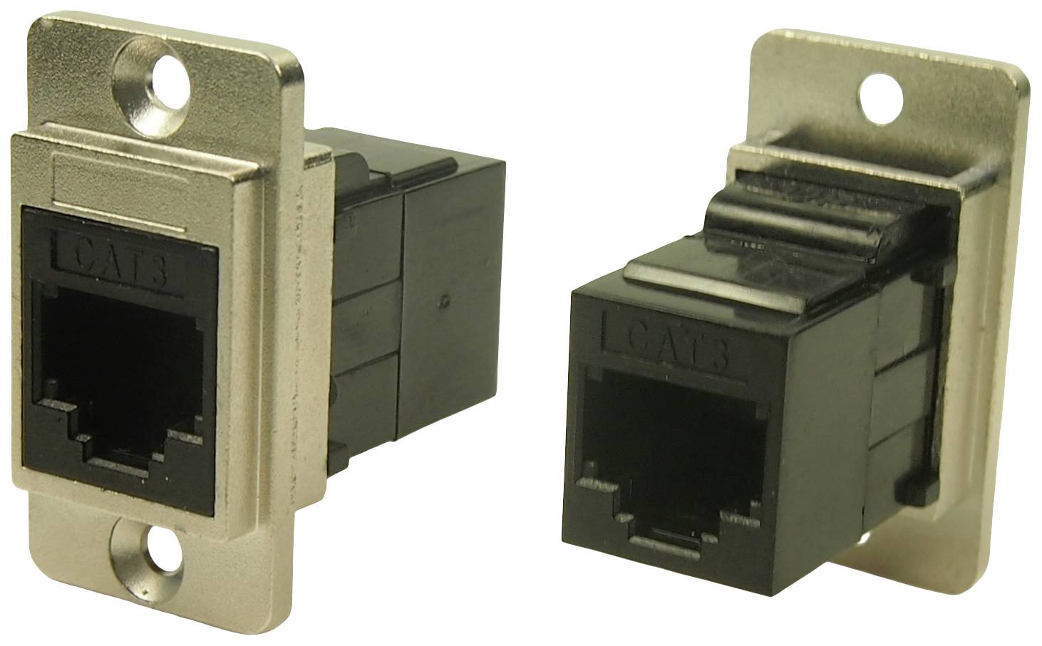 Two Ethernet sockets with wall mounts, one showing the front with connection opening, the other the rear with cable socket.