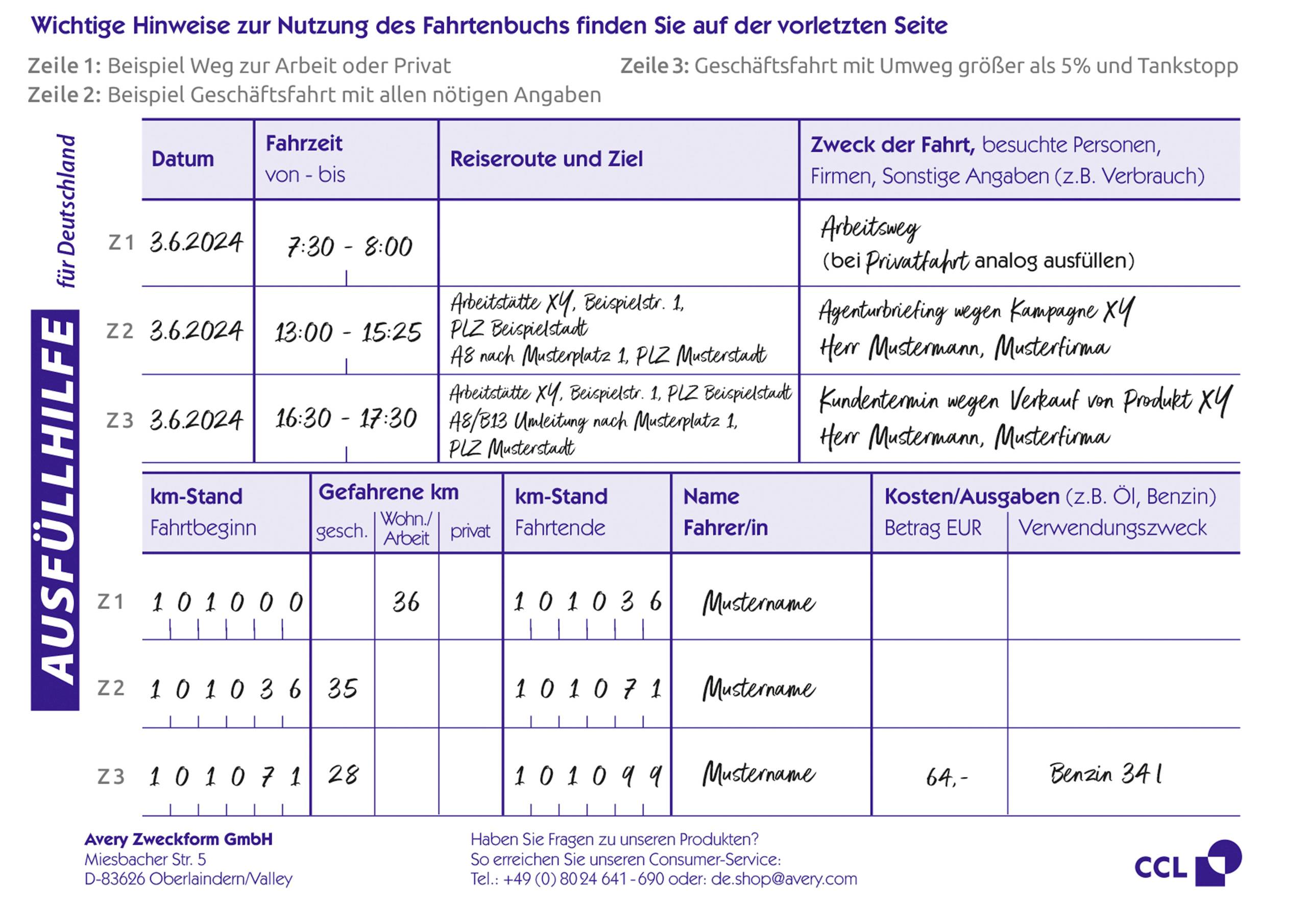 'Logbook for Germany' with a table for date, mileage, travel route, purpose of journey, distance, time, costs and special notes. Includes example trips and calculations.