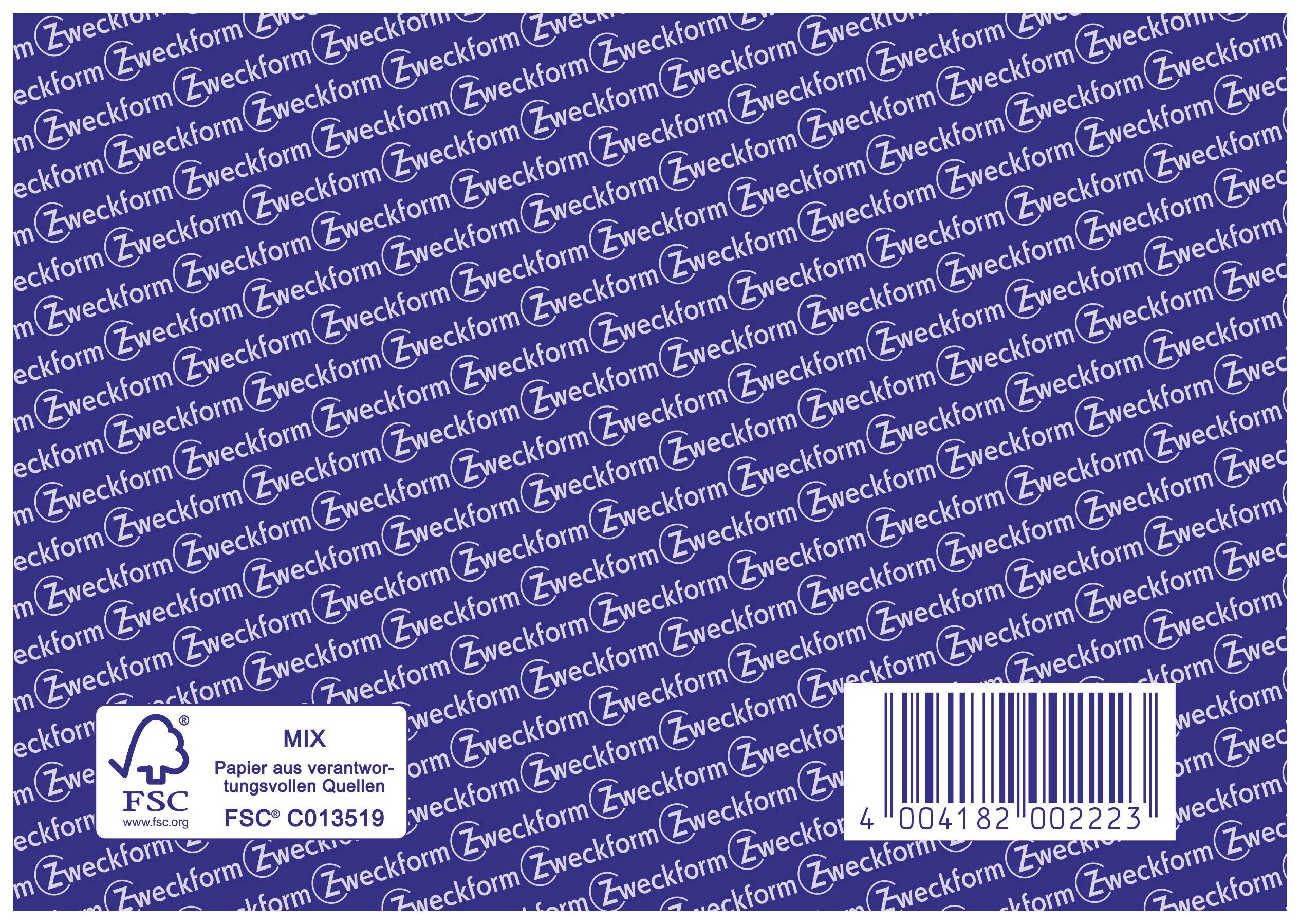 Label with a blue background and white 'Zweckform' pattern. Contains FSC logo, barcode, and text: 'Paper from responsible sources'.