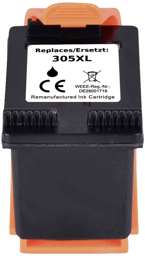Black ink cartridge '305XL', inscription 'Replaces/Replaces: 305XL', CE marking, Remanufactured, WEEE Reg. No.: DE28001718.