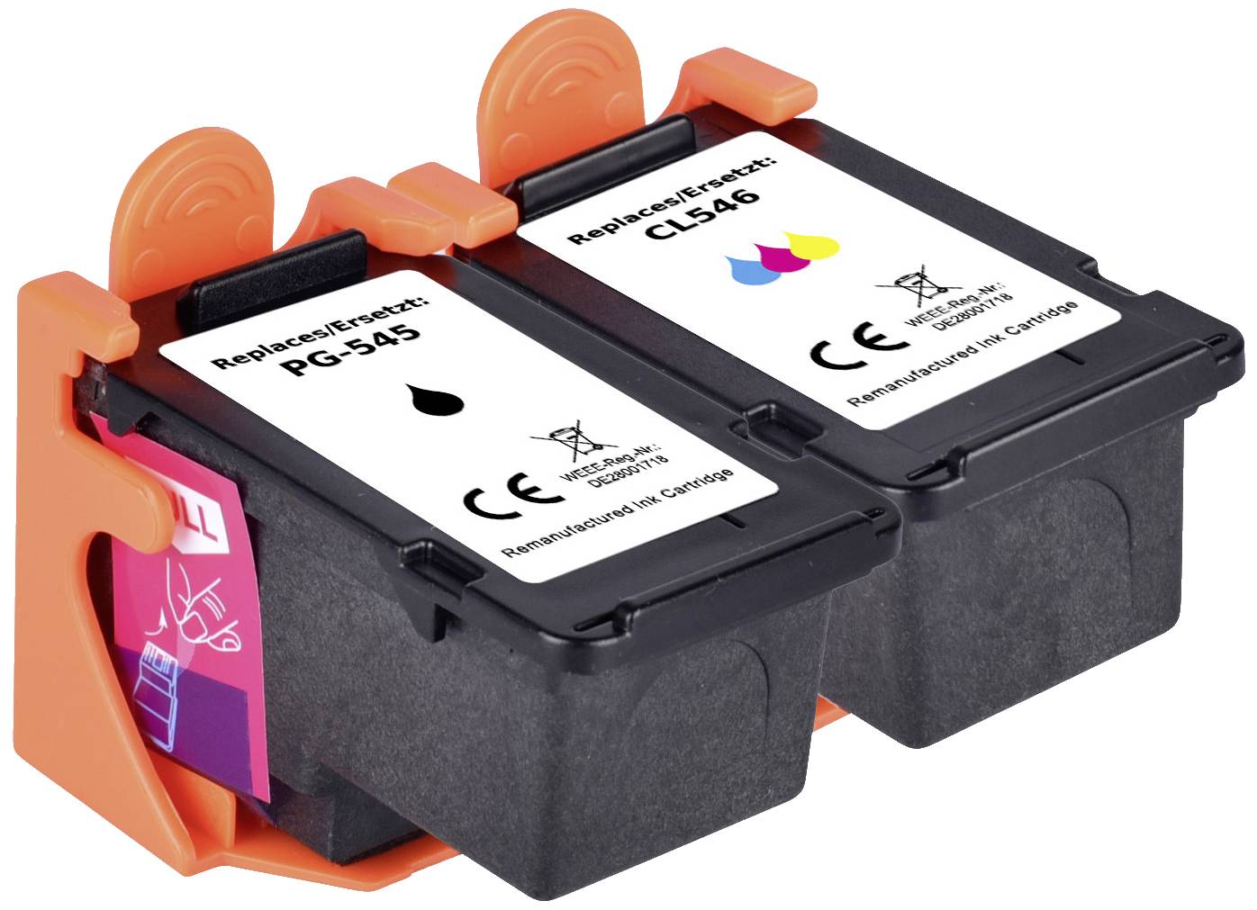 Two black printer cartridges with orange protective caps. On the left, 'PG-545' and on the right, 'CL-546'. Return labels visible.