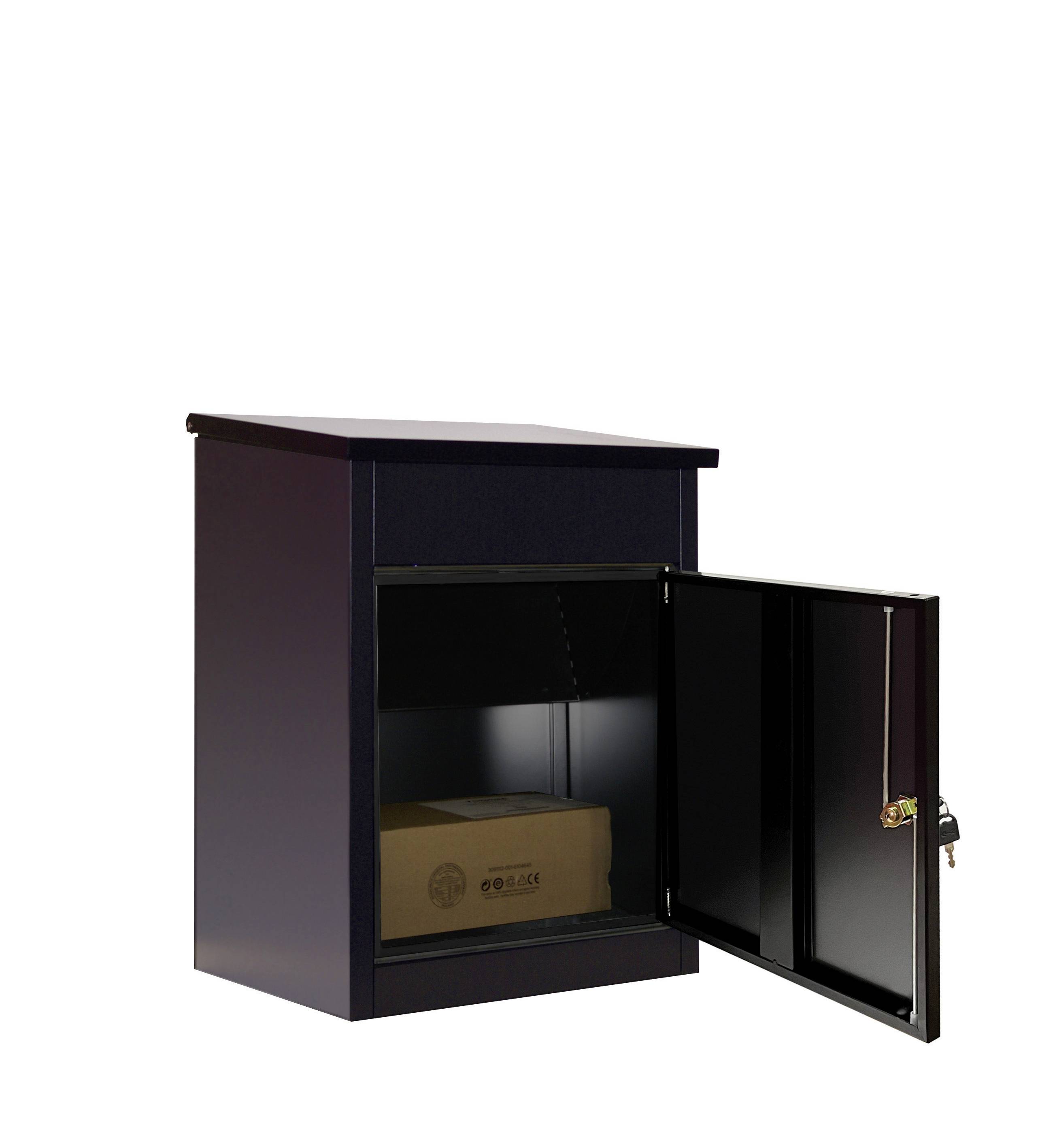 A black parcel post box with an open door, showing a package inside. Suitable for securely receiving deliveries.