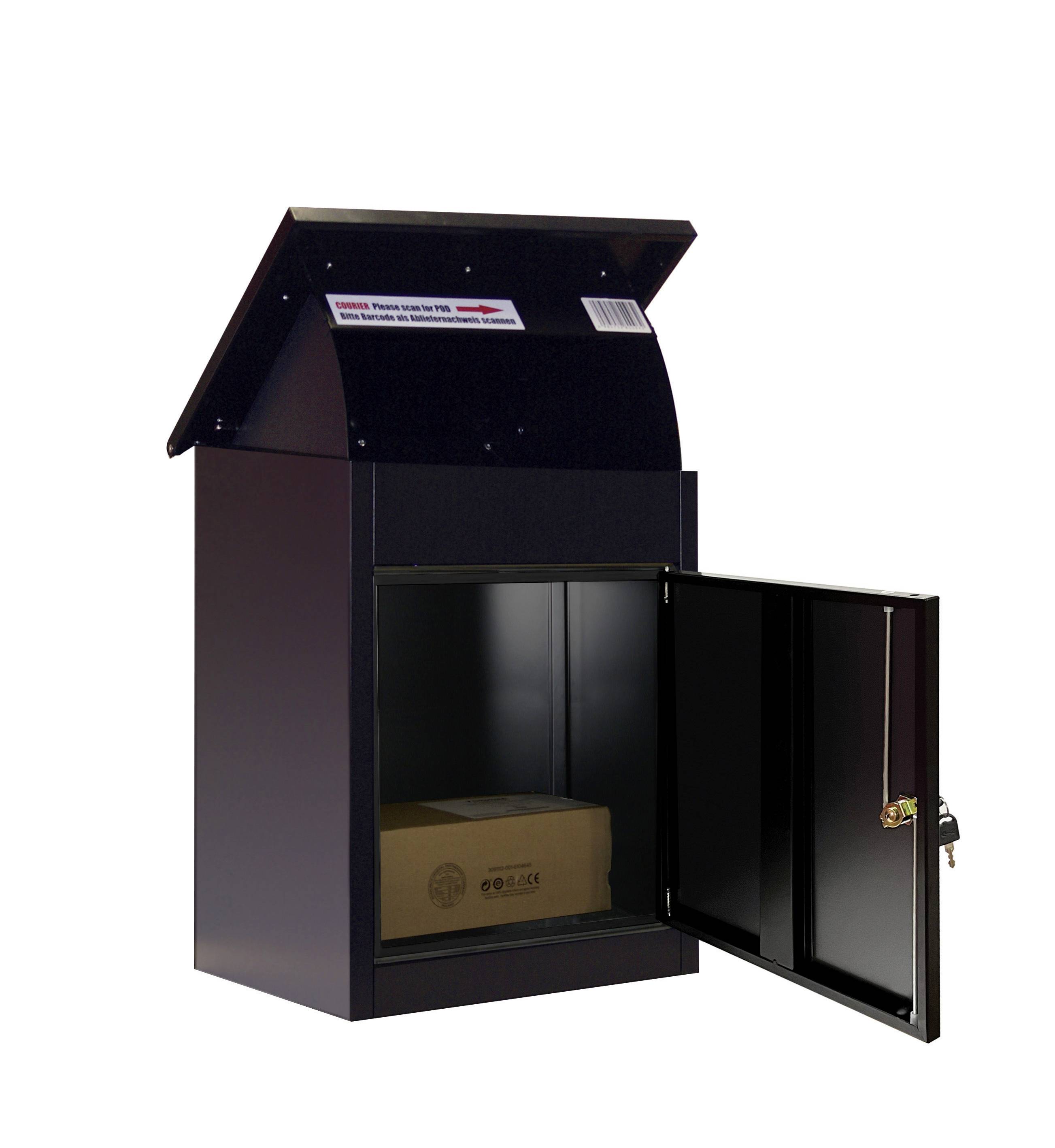 A black parcel postbox with an open lid and door; a cardboard box is visible inside. Ideal for secure parcel deliveries.