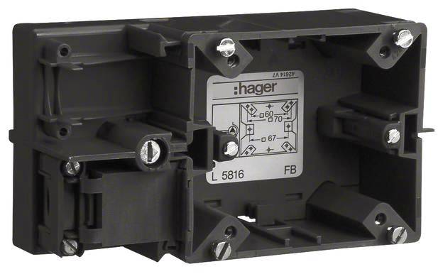 Image of a rectangular Hager mounting rail with installation diagram and screws, for wall-mounting electrical devices.