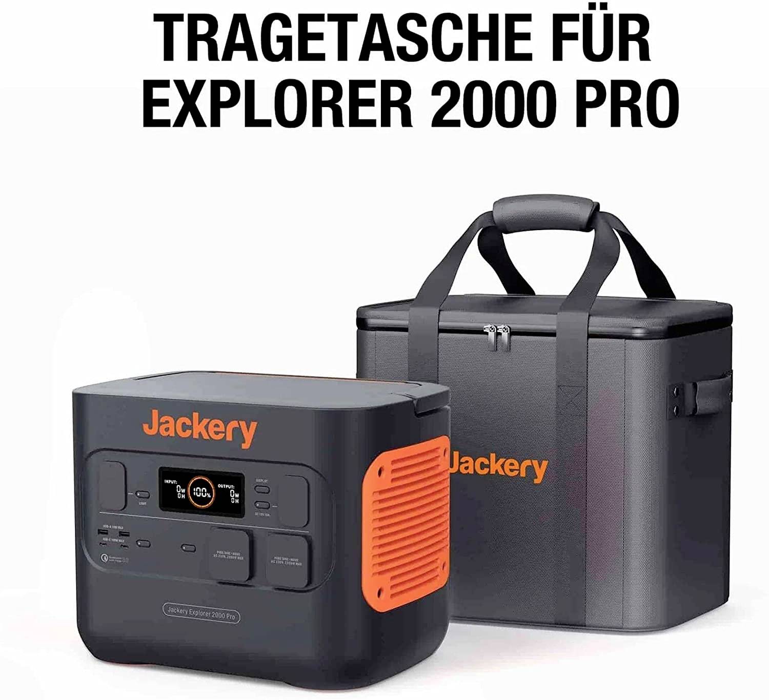 Carry bag and power station 'Explorer 2000 Pro' by Jackery, black bag with grey handle, orange lettering and details.