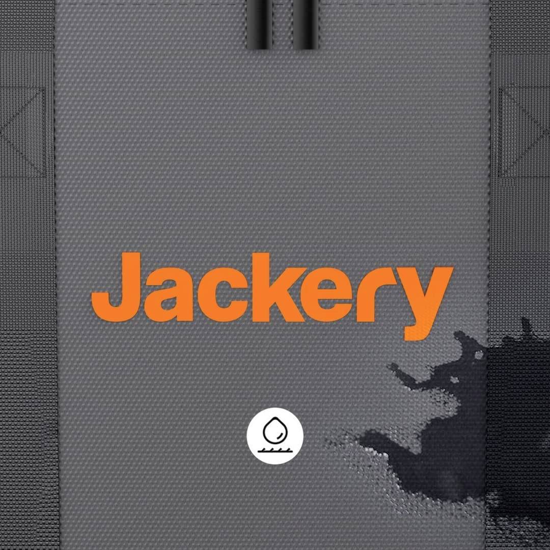 'Jackery' logo on a grey background with a water stain and waterproof symbol underneath.