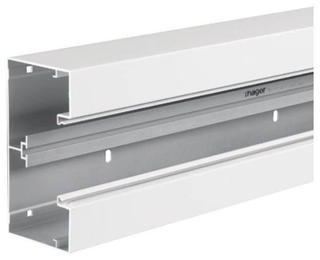 A silver and white cable trunking with a removable cover, suitable for safe routing of electrical installations.