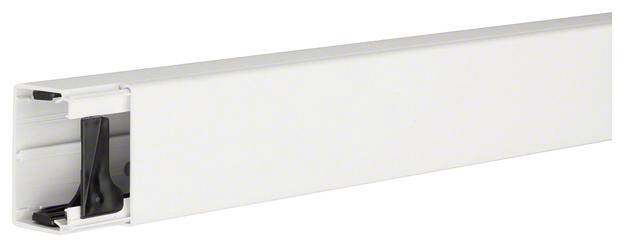 White plastic cable trunking, open at one end, reveals a black insert inside for cable management.
