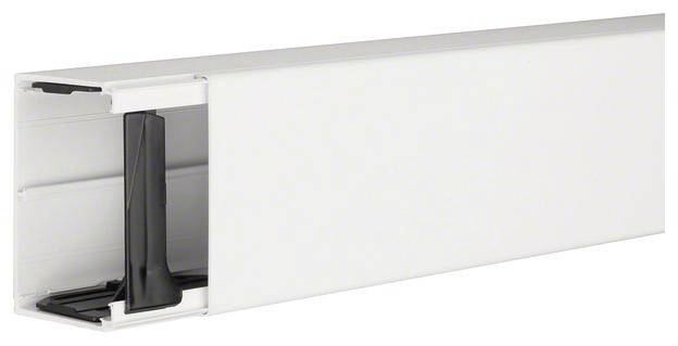 White plastic cable trunking in a rectangular shape, with one side open. Suitable for securely routing cables along walls.