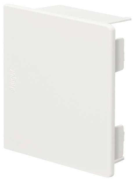 White, rectangular cover for a flush-mounted socket with a smooth surface and rounded edges, presumably made of plastic.