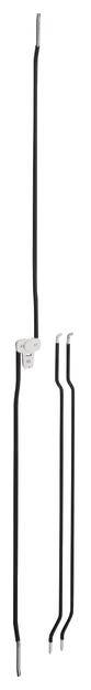 Several thin black rods of varying lengths, some with white attachments, against a white background.