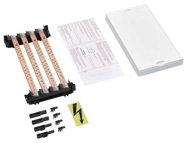 Electrical component set with copper busbars, fixings and instructions. Includes warning sticker with lightning symbol.