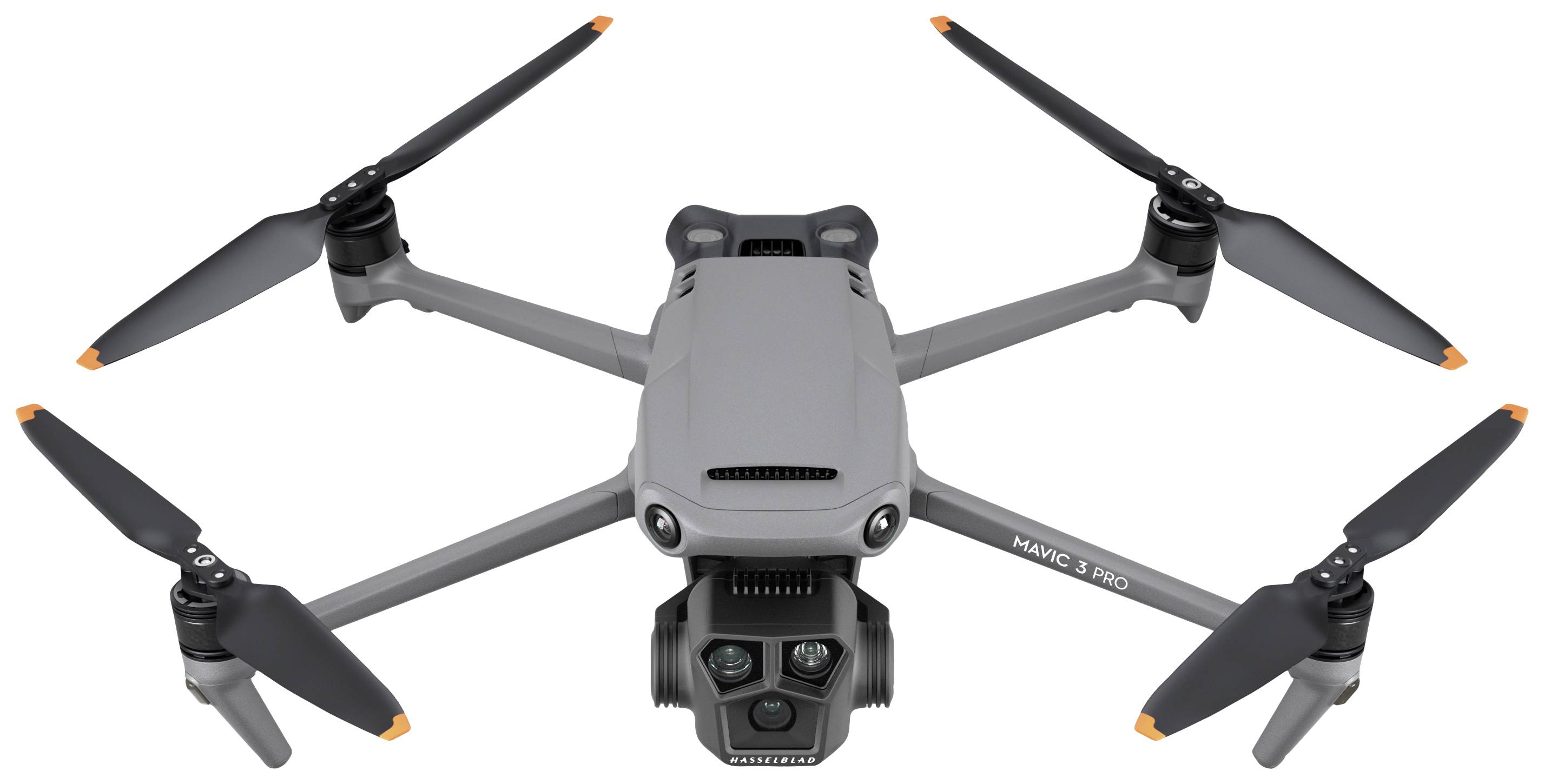 A grey drone with four rotors, cameras on the front. Model name 'Mavic 3 Pro' visible on the side.