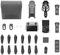 'Various drone accessories include a bag, remote control, spare propellers, filters, cables and batteries, neatly arranged.'