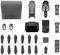 Various drone components and accessories arranged on a white background, including propellers, a remote control, and a carry case.