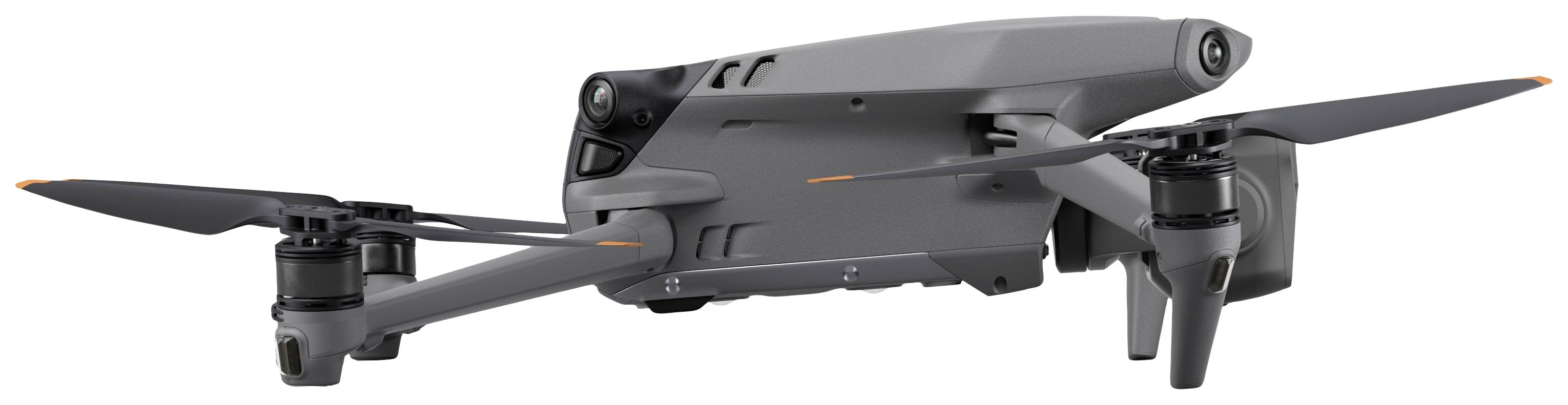 Grey drone with four rotors, shown from the side.