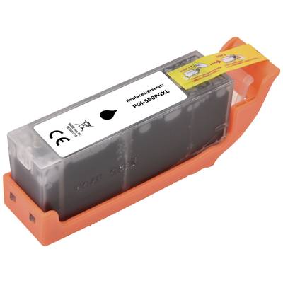 Printer cartridge with a black ink container, white 'PGI-550PGBK' label, in an orange holder with a yellow protective strip.