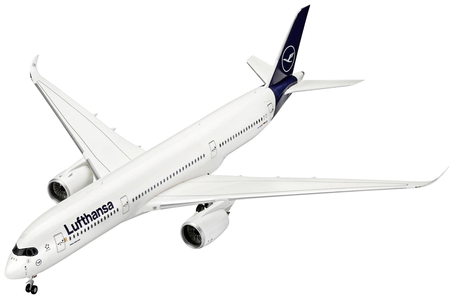 A white passenger aircraft with the Lufthansa logo flies against a neutral background. It is a modern passenger plane.