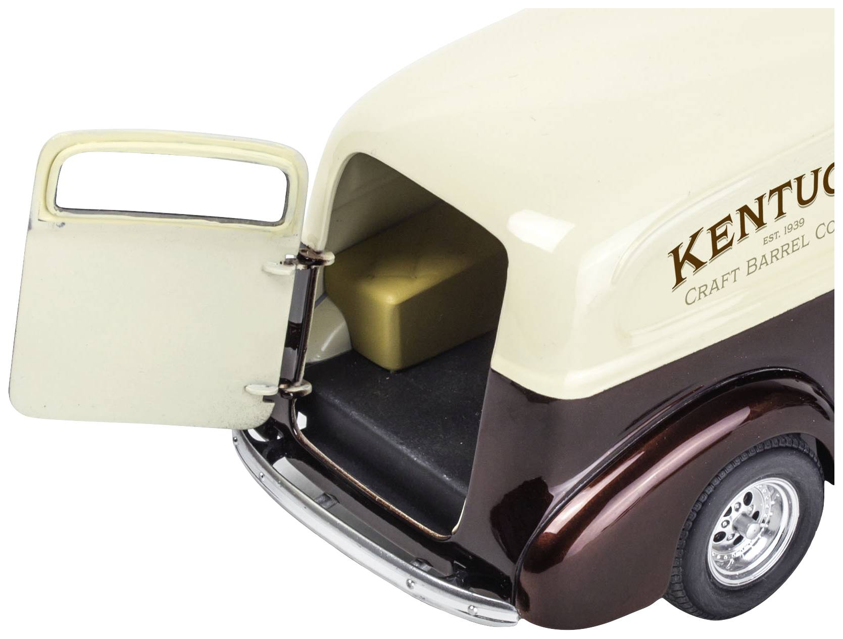 Closed model car with an open boot lid, displaying a gold ingot in the cargo area. Label reads 'Kentucky Craft Barrel Co.'.