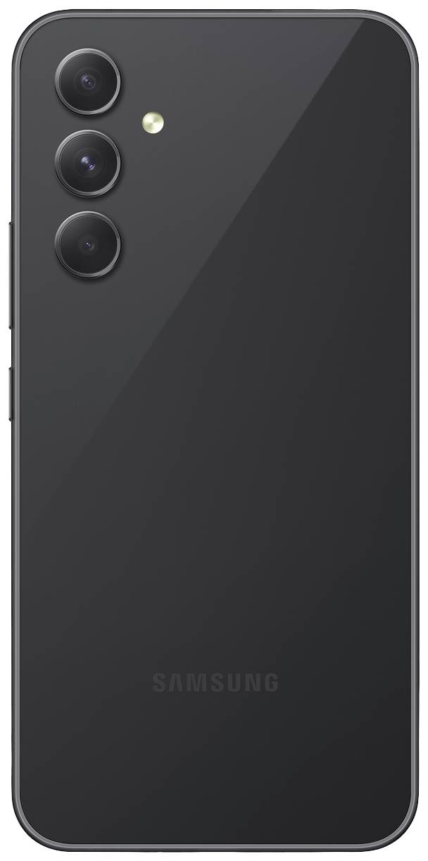 A black smartphone viewed from the back, with three vertically aligned camera lenses and a flash on the left side.