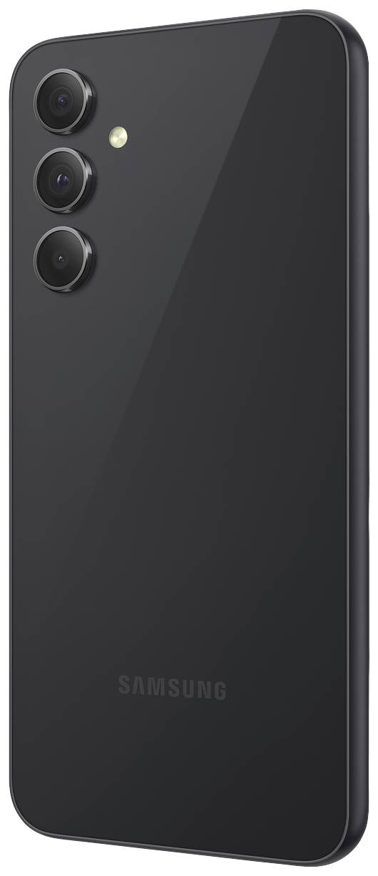 Black smartphone viewed from the back, showing three vertical camera lenses and a flash. Minimalist design with no visible buttons.